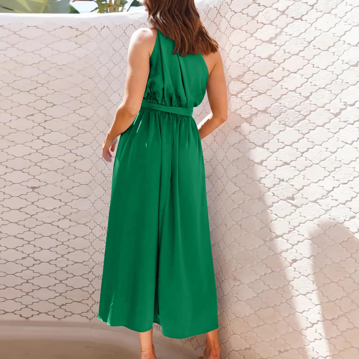 Asymmetric One Shoulder Belted Flared Maxi Dress - Green - 1