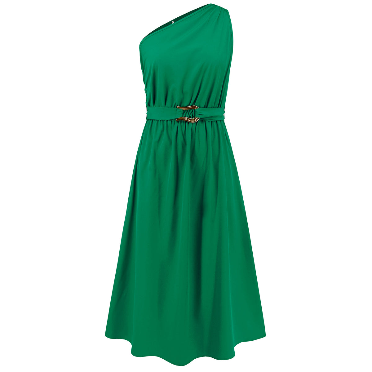 Asymmetric One Shoulder Belted Flared Maxi Dress - Green - 2