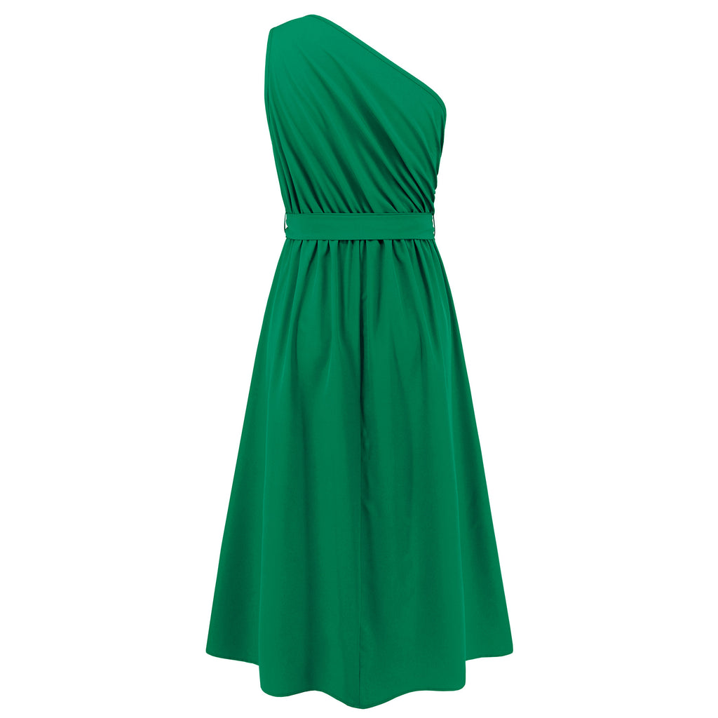 Asymmetric One Shoulder Belted Flared Maxi Dress - Green - 3
