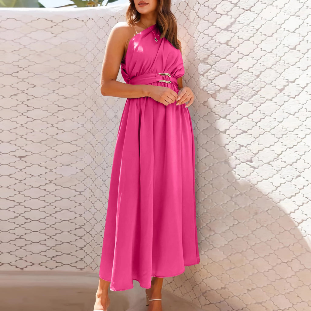 Asymmetric One Shoulder Belted Flared Maxi Dress - Rosered