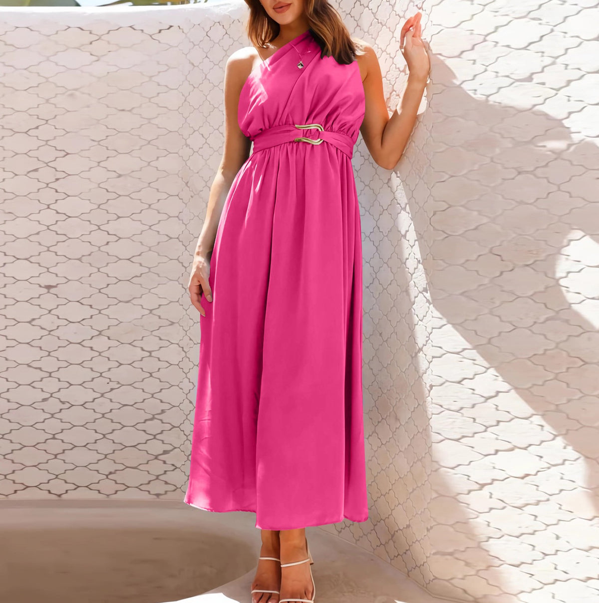 Asymmetric One Shoulder Belted Flared Maxi Dress