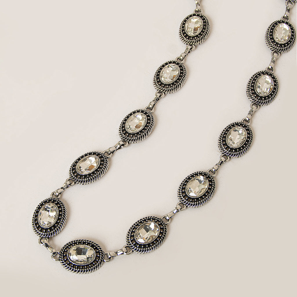 Vintage Oval Crystal Medallion Chain Belt - Silvery - 1