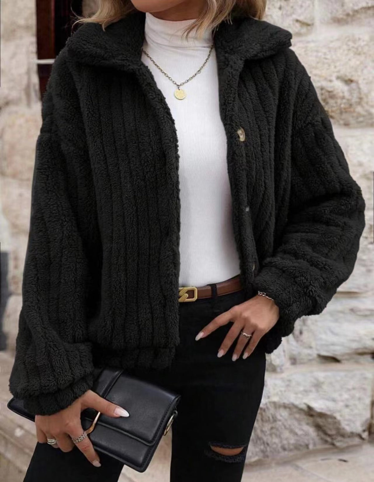 Ribbed Fleece Stand Collar Button Jacket - Black