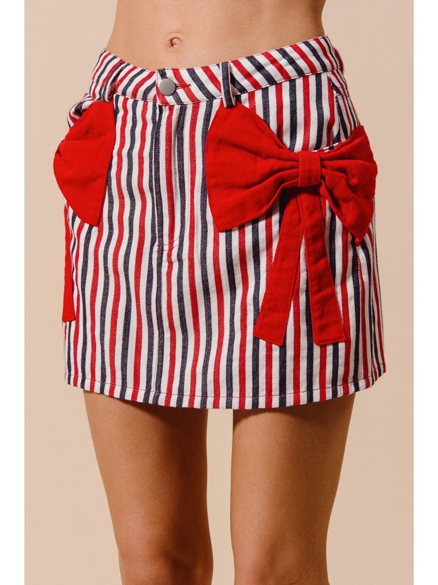 Vertical Striped Bow Pocket Mini Skirt - Red