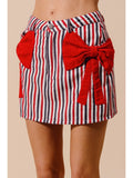 Vertical Striped Bow Pocket Mini Skirt - Red