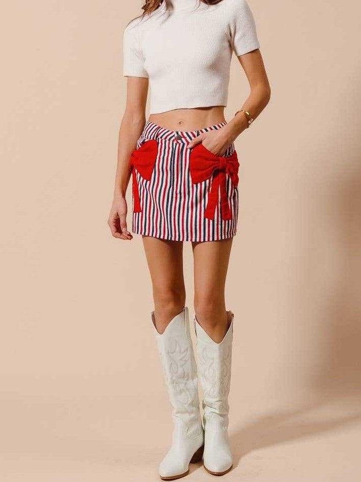 Vertical Striped Bow Pocket Mini Skirt - Red - 1