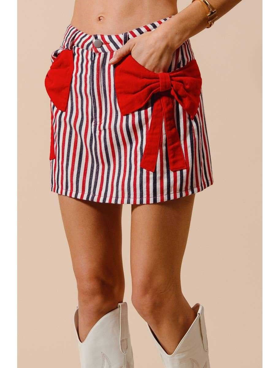 Vertical Striped Bow Pocket Mini Skirt - Red - 2