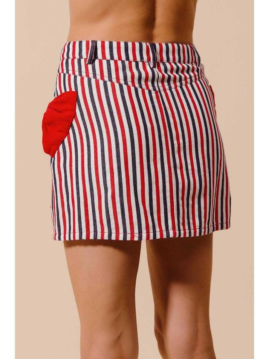 Vertical Striped Bow Pocket Mini Skirt - Red - 3