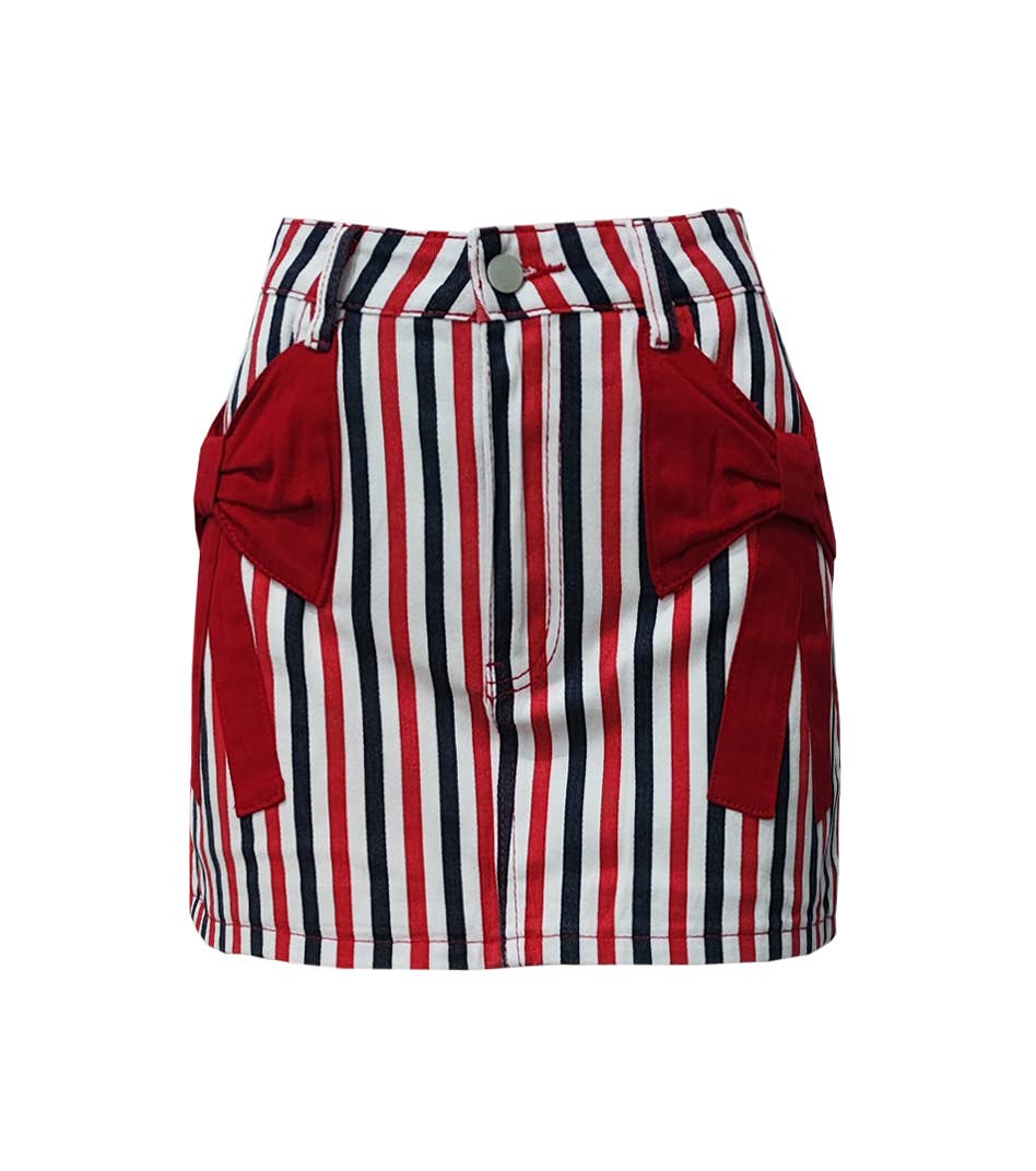 Vertical Striped Bow Pocket Mini Skirt