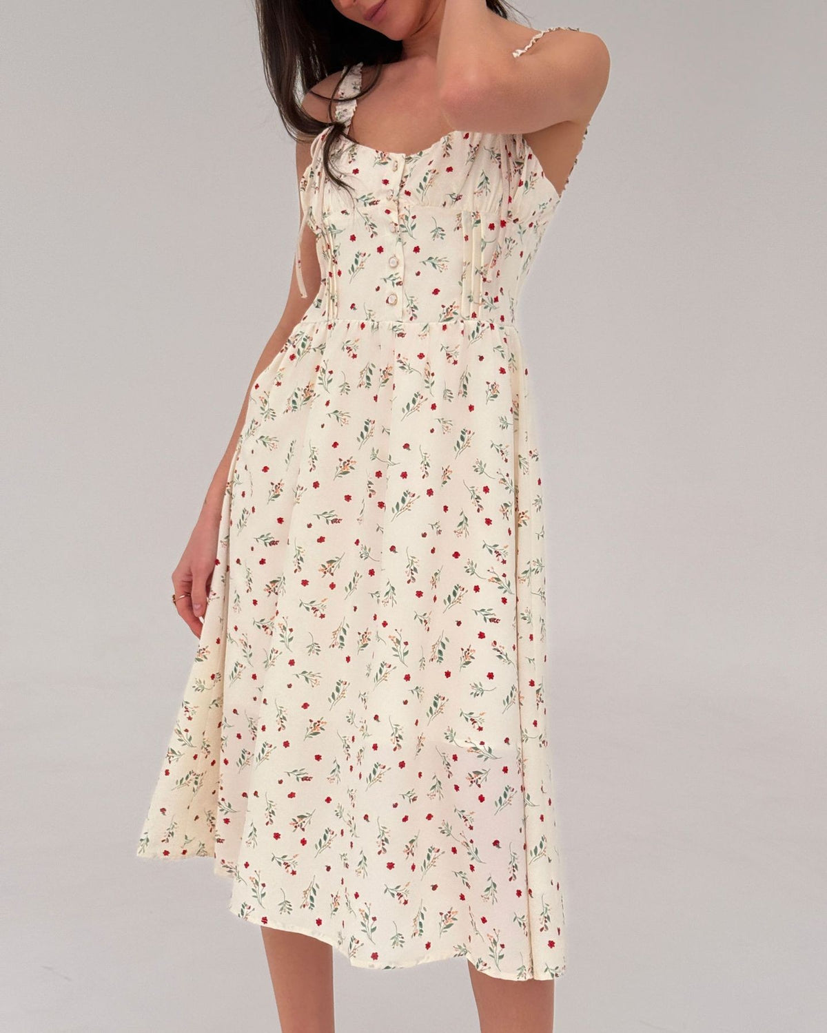 Ditsy Floral Ruffle Strap Slip Midi Dress - Apricot