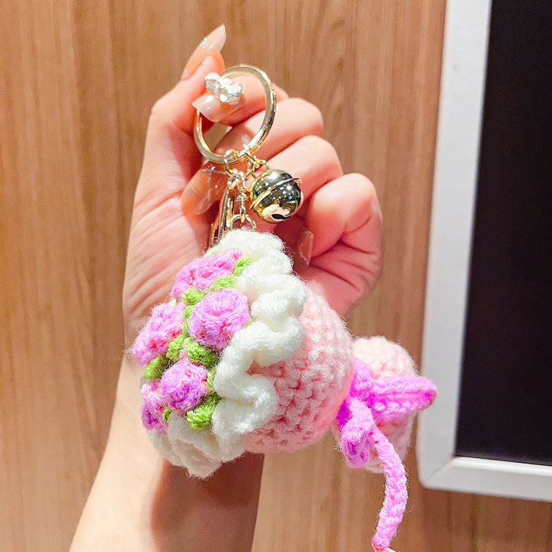 Crochet Flower Bouquet Keychain Charm - Pink