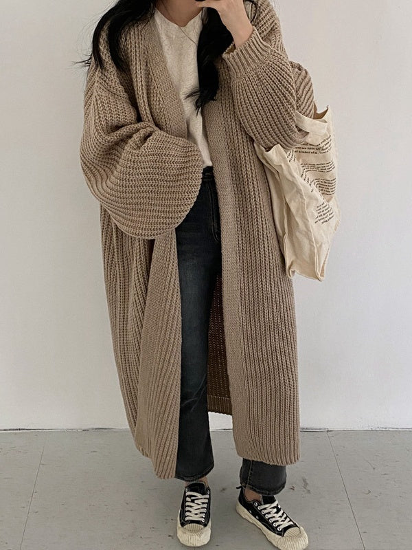 Oversized Longline Chunky Knit Duster Cardigan - Khaki