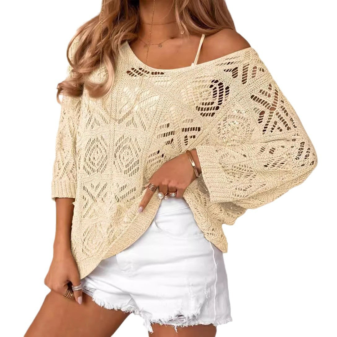 Oversized Pointelle Knit Dolman Sleeve Top - Apricot