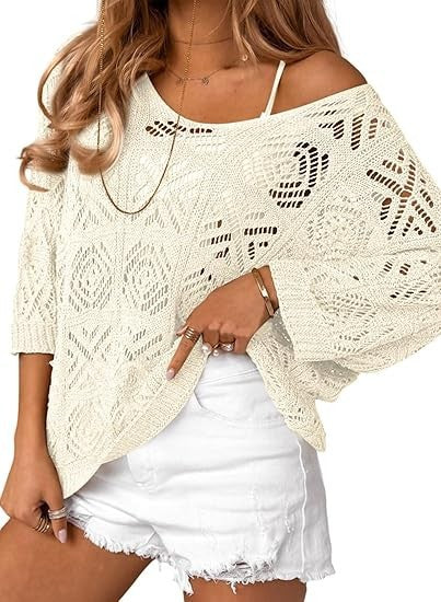 Oversized Pointelle Knit Dolman Sleeve Top - Beige