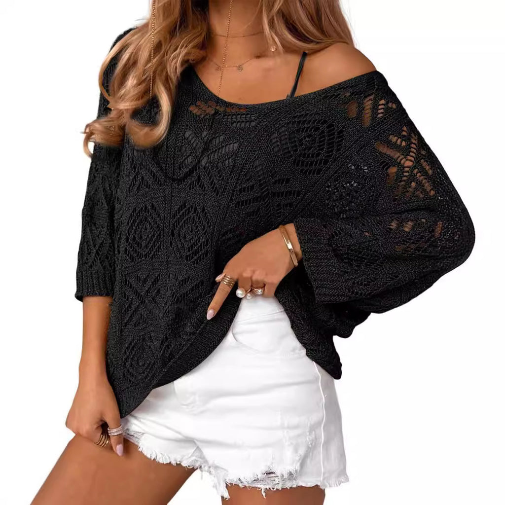 Oversized Pointelle Knit Dolman Sleeve Top - Black