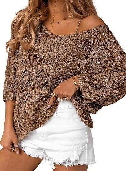 Oversized Pointelle Knit Dolman Sleeve Top - Brown