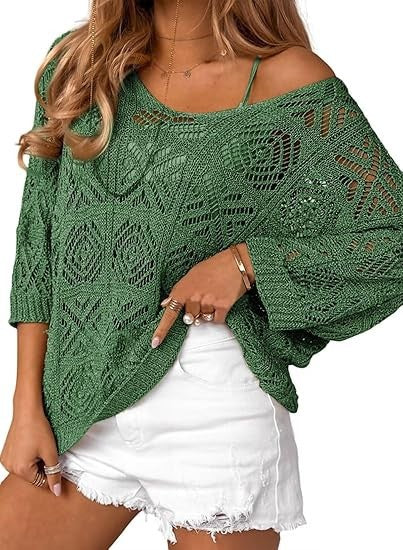 Oversized Pointelle Knit Dolman Sleeve Top - Green