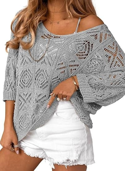 Oversized Pointelle Knit Dolman Sleeve Top - Grey