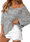 Oversized Pointelle Knit Dolman Sleeve Top - Grey
