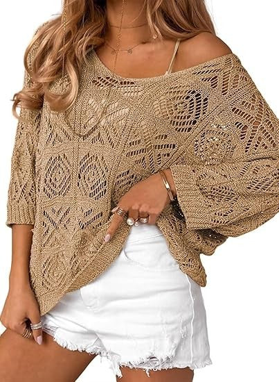 Oversized Pointelle Knit Dolman Sleeve Top - Khaki