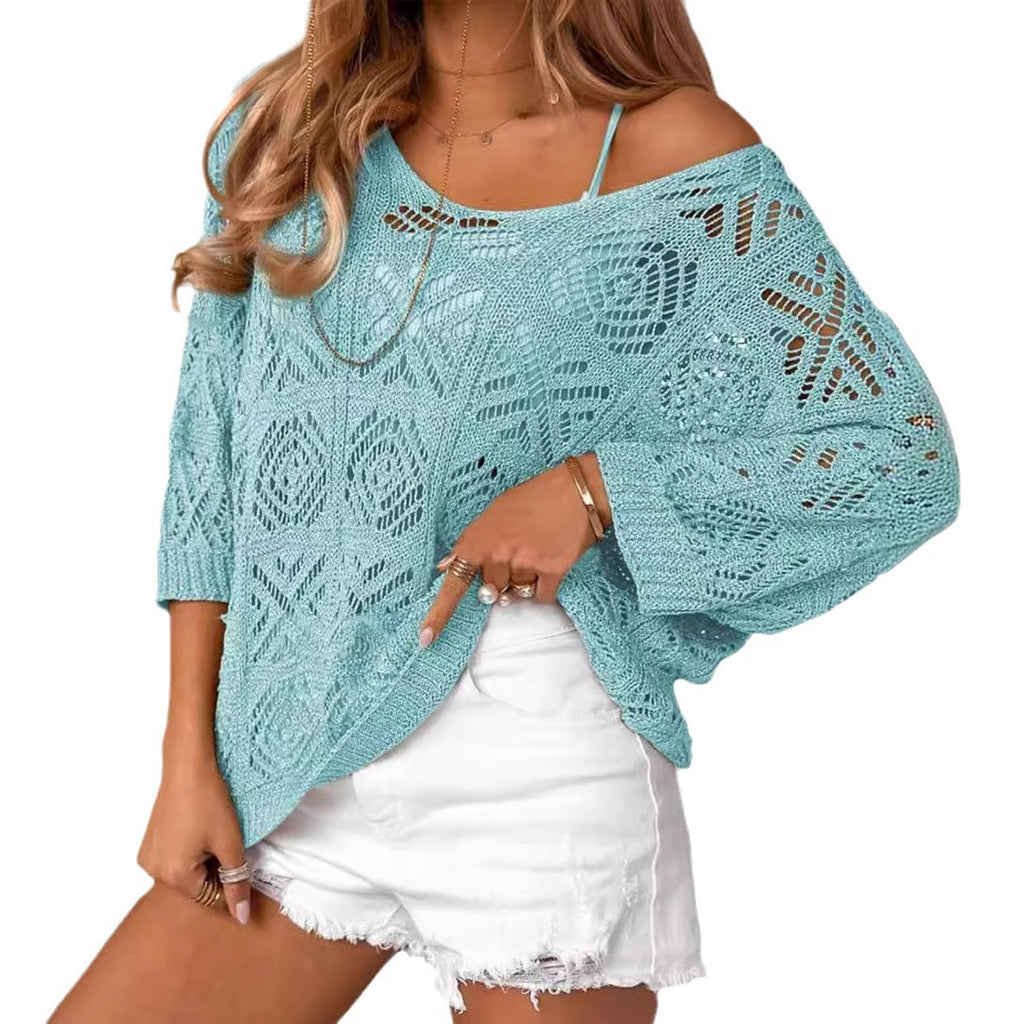 Oversized Pointelle Knit Dolman Sleeve Top - LakeBlue