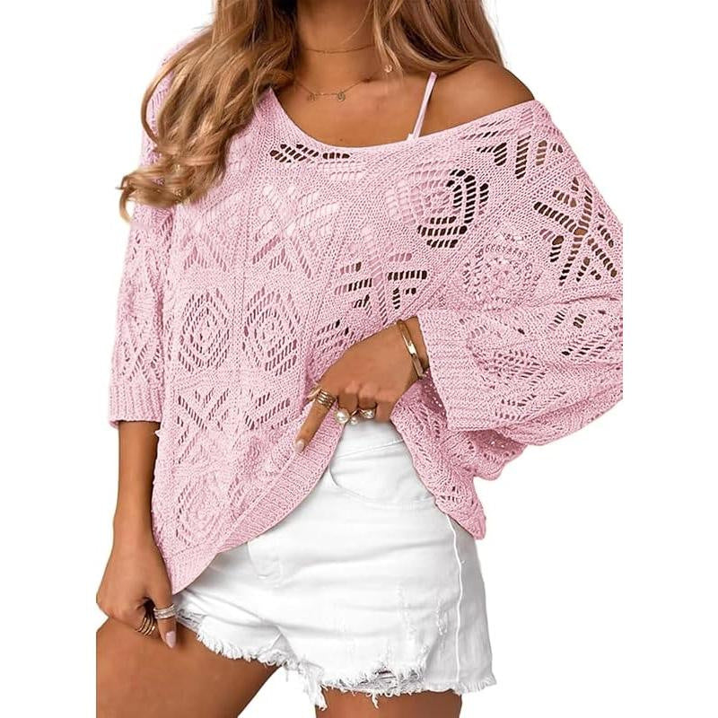 Oversized Pointelle Knit Dolman Sleeve Top - LtPink