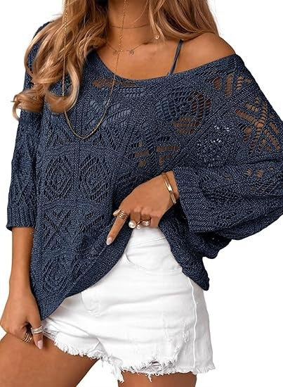 Oversized Pointelle Knit Dolman Sleeve Top - Navy