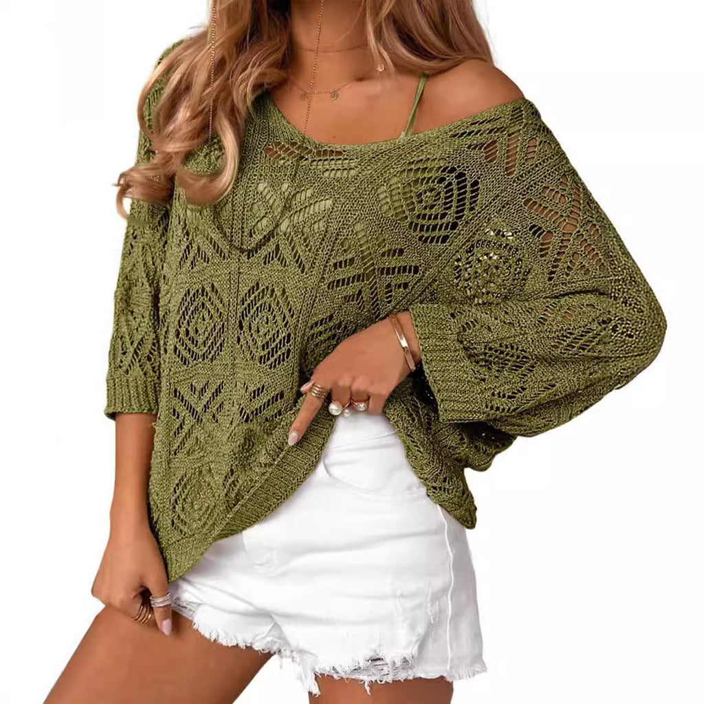Oversized Pointelle Knit Dolman Sleeve Top - Olive