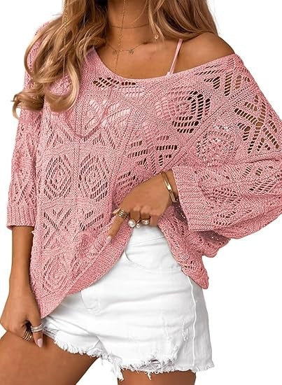 Oversized Pointelle Knit Dolman Sleeve Top - Pink