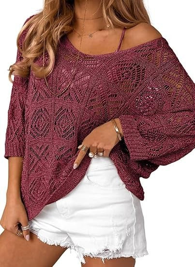 Oversized Pointelle Knit Dolman Sleeve Top - Purple