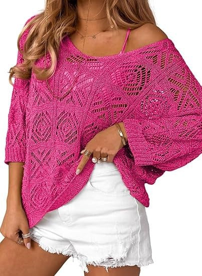 Oversized Pointelle Knit Dolman Sleeve Top - RoseRed