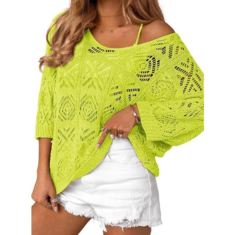 Oversized Pointelle Knit Dolman Sleeve Top - Yellow
