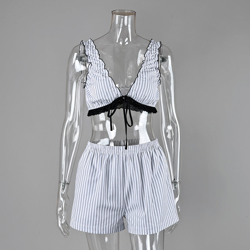 Bow-Tie Ruffled Stripe Plunge Cami & Shorts Set - view 2