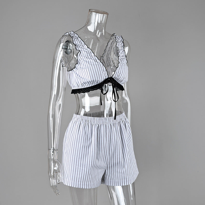 Bow-Tie Ruffled Stripe Plunge Cami & Shorts Set - view 3