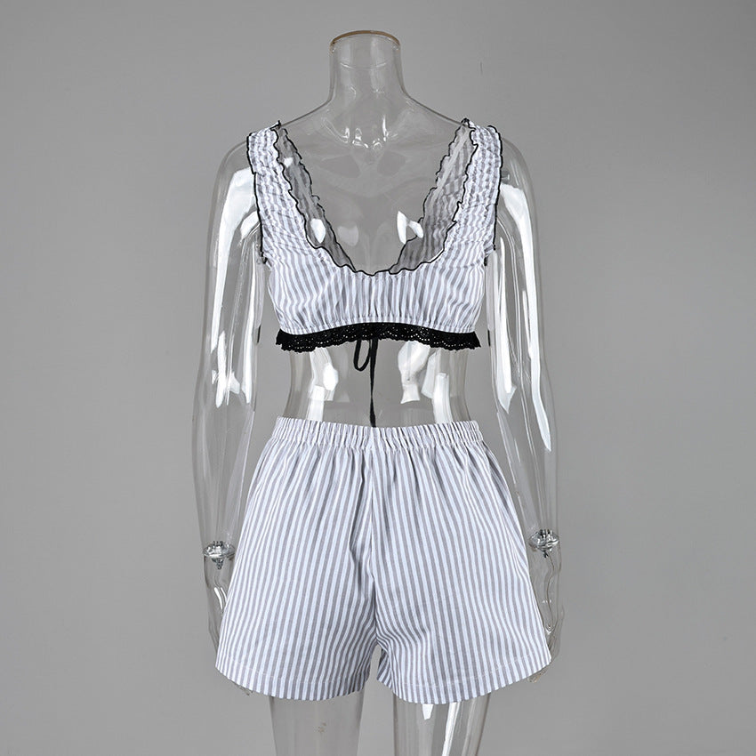 Bow-Tie Ruffled Stripe Plunge Cami & Shorts Set - view 4