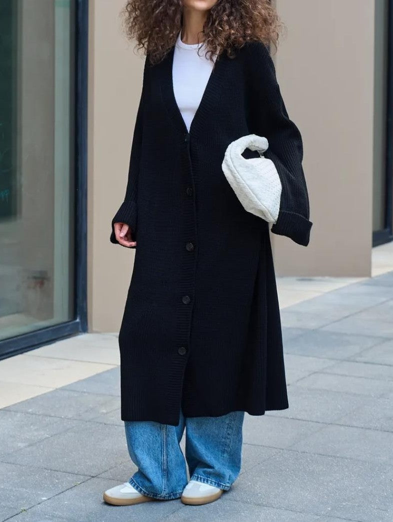 Longline V Neck Button Duster Cardigan - Black