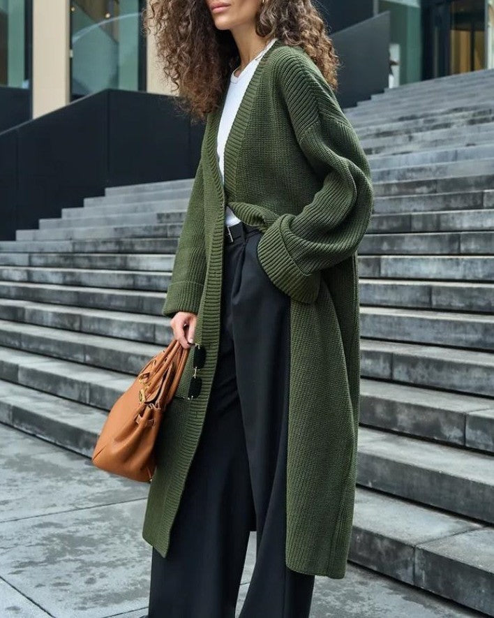 Longline V Neck Button Duster Cardigan - Green