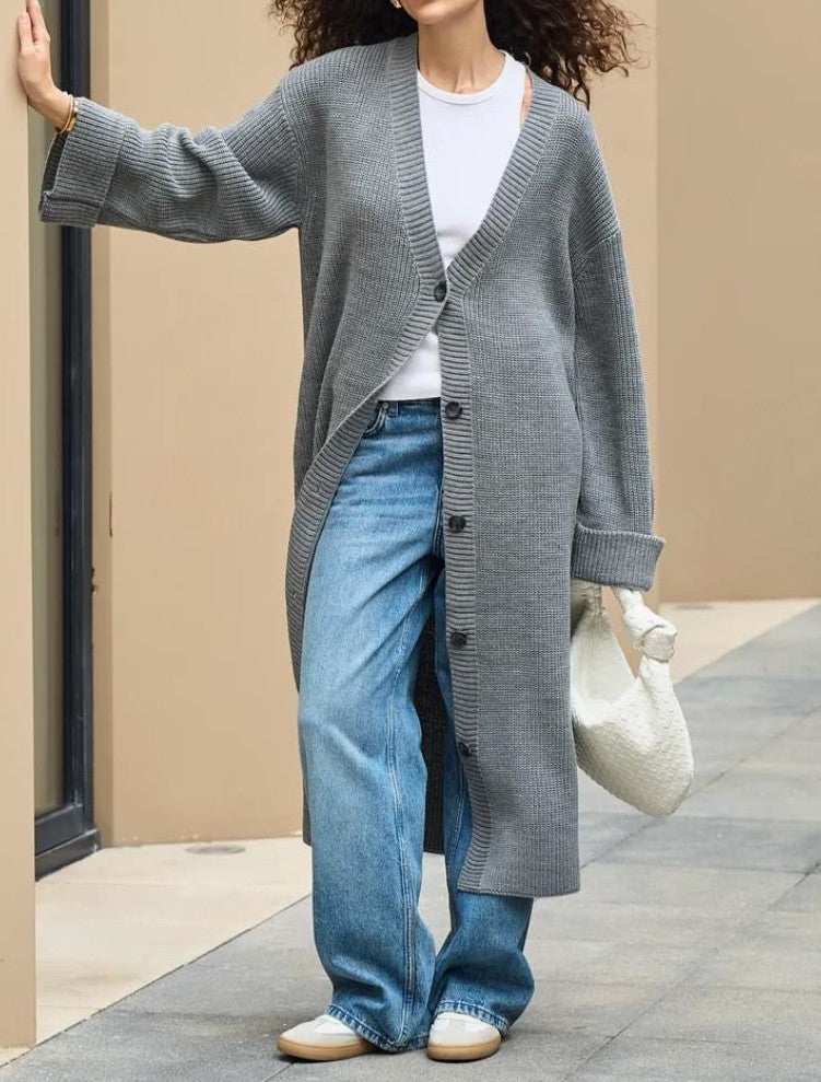 Longline V Neck Button Duster Cardigan - Grey