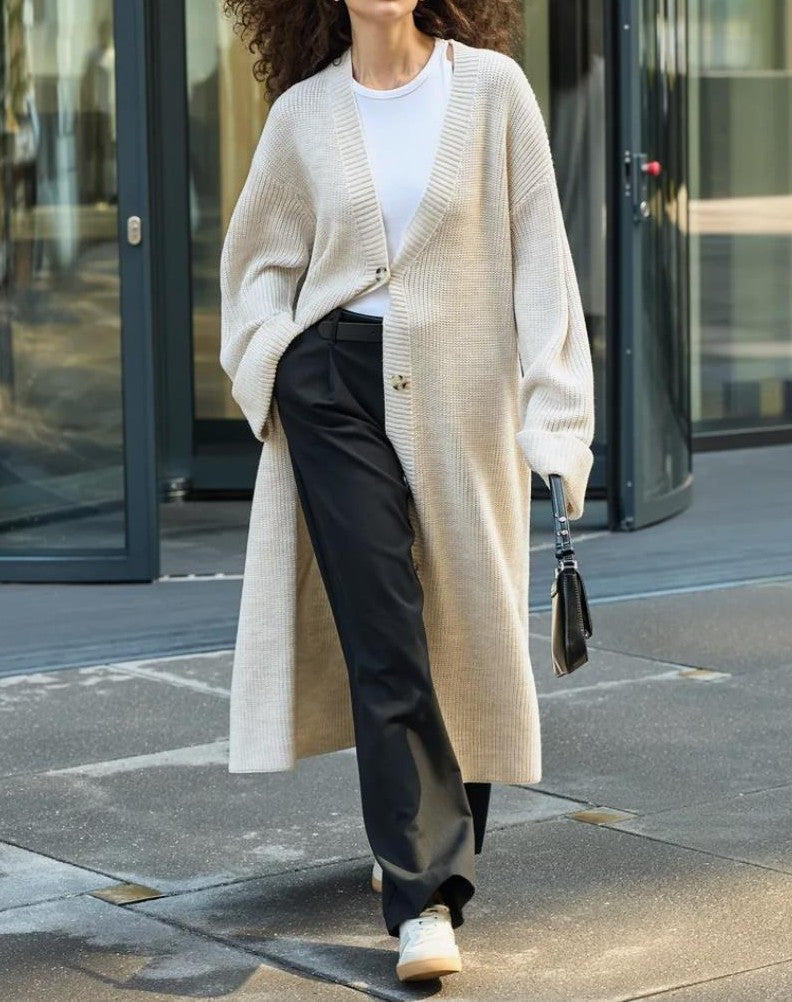 Longline V Neck Button Duster Cardigan - White