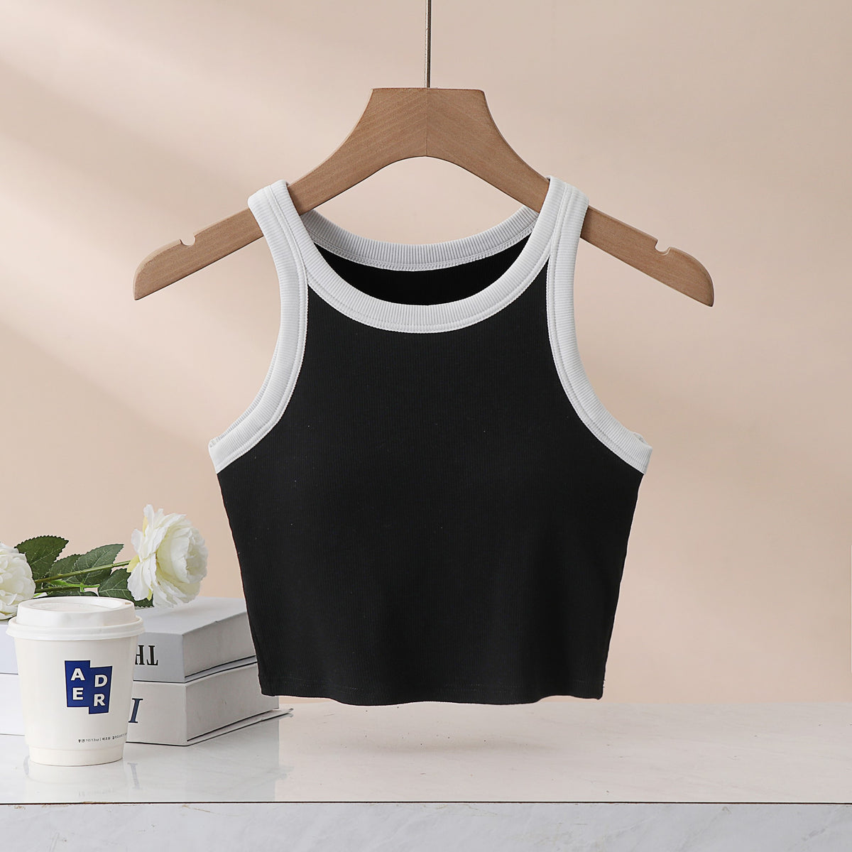 Ribbed Contrast Binding Crop Tank Top - Black