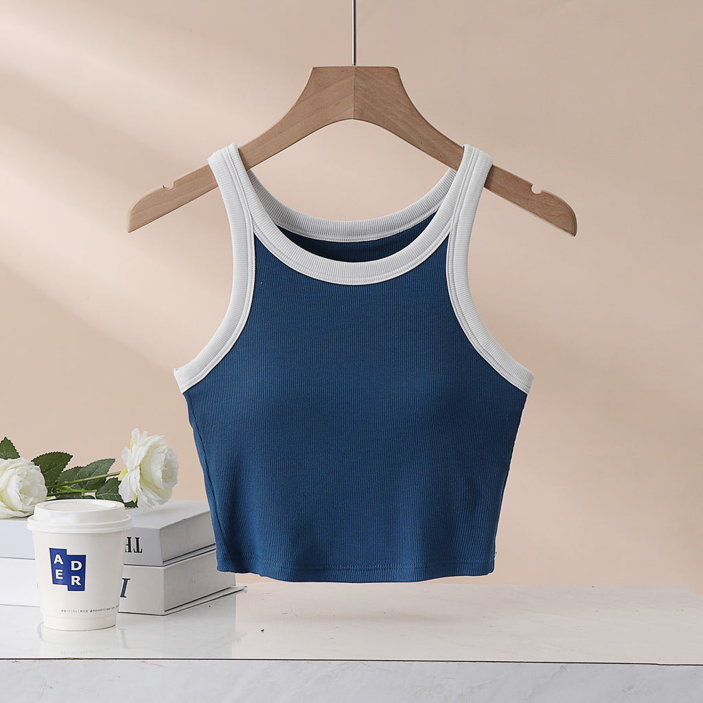 Ribbed Contrast Binding Crop Tank Top - Blue - 1