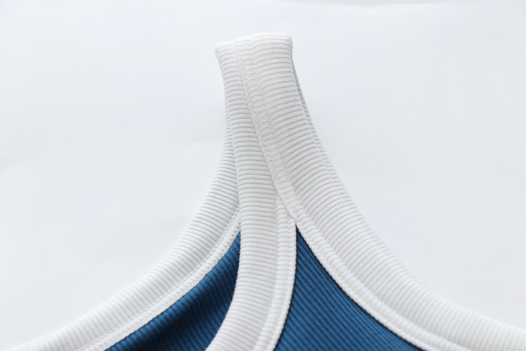 Ribbed Contrast Binding Crop Tank Top - Blue - 10