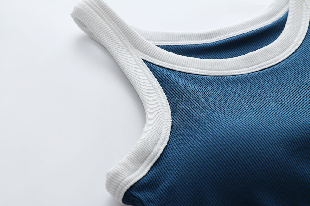 Ribbed Contrast Binding Crop Tank Top - Blue - 11