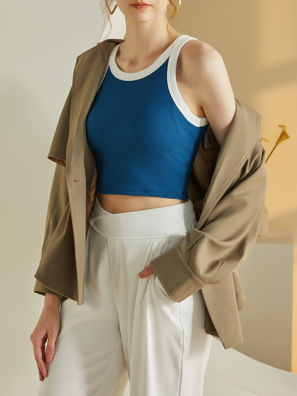 Ribbed Contrast Binding Crop Tank Top - Blue - 5
