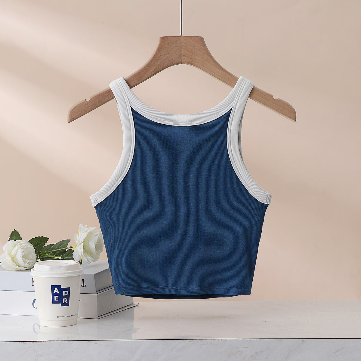 Ribbed Contrast Binding Crop Tank Top - Blue - 8