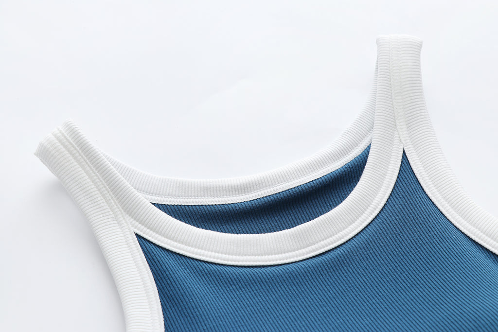 Ribbed Contrast Binding Crop Tank Top - Blue - 9