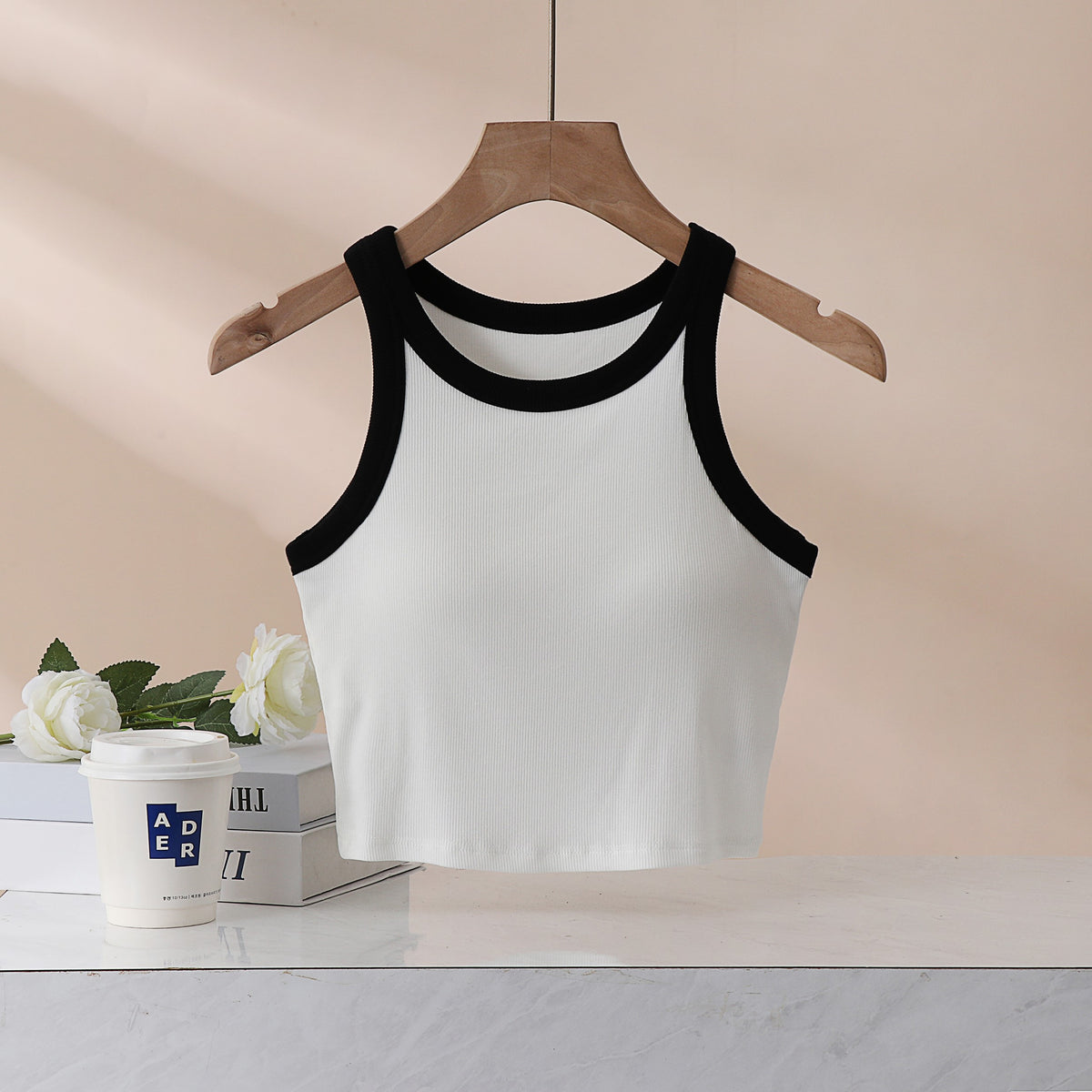 Ribbed Contrast Binding Crop Tank Top - White