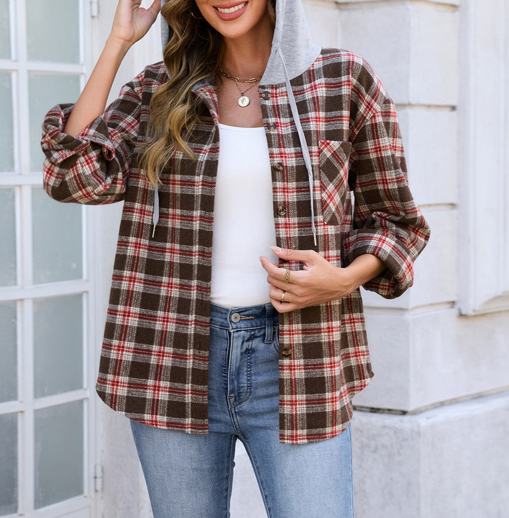Plaid Hooded Button Up Shirt Jacket - Brown - 1