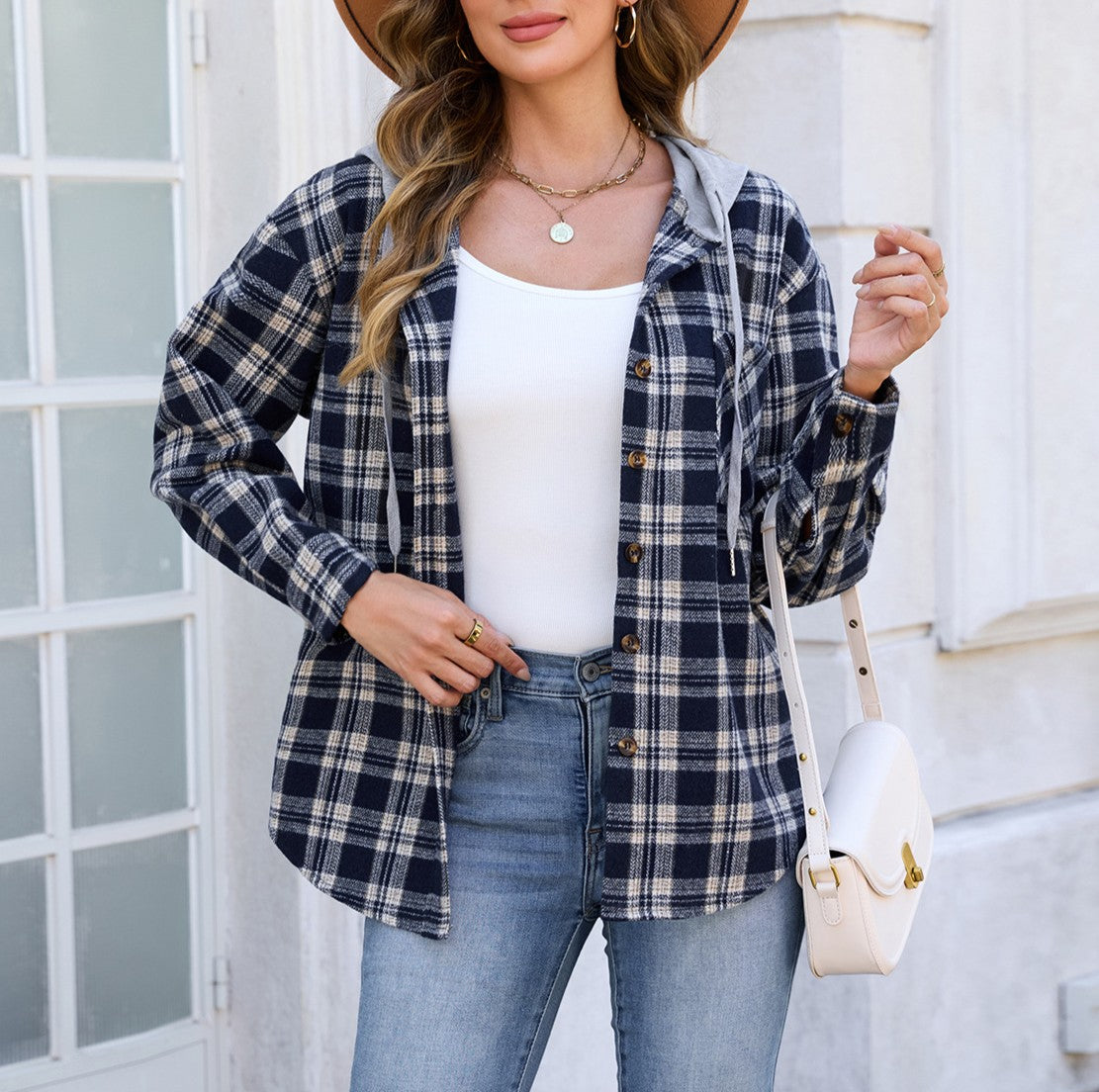Plaid Hooded Button Up Shirt Jacket - Navyblue