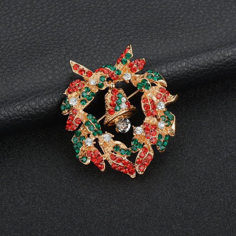 Rhinestone Winter Motif Enamel Brooch - Bell